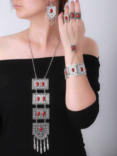 Vintage Bohemian Tassel Jewelry Set Including Bracelet, Earrings, Necklace And Ring, Red Color