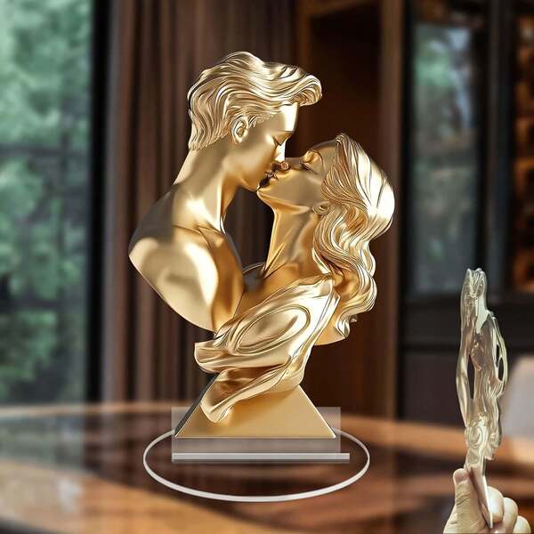 2D Flat, Elegant Golden Couple Kissing Statue - Acrylic 2D Flat Design, Perfect For Christmas, Home & Office Decor | Ideal Gift For Friends, No Power Needed, Romantic Decor Piece|Elegant Decor Item|Acrylic Statue, Statues For Home Decor, Best For Christmas