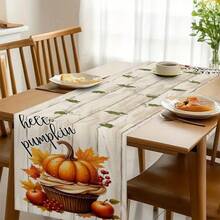 1pc Autumn Gratitude Sister Theme Table Runner - Pumpkin With Green Leaves And Black Grid Design, Suitable For Holiday Parties, Kitchen Dining, Home Decoration, Durable Polyester Material Holiday Table Decoration, Holiday Table Decoration, Autumn Harvest Theme Decoration, Bow Decoration, Autumn And Thanksgiving Decoration.