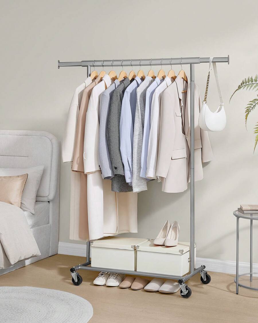 Burro Ropa con Ruedas, Perchero Burro Extensible con Carga Pesada, Capacidad de Carga Máx. de 100 kg, Fácil de Montar, Portátil, Gris Paloma,Vuelta al Cole - Gris - Ver 1