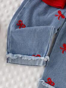 2pcs Baby Girl Casual Solid Color Ruffle Trim Long Sleeve Top And Butterfly Embroidered Elastic Waist Denim Pants Outfit, Spring/Autumn