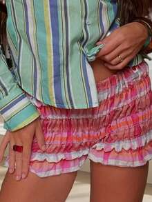 Women's Summer Bloomers Shorts Plaid Print Low Waist Tiered Frill Bodycon Short Pants - Red - View 4