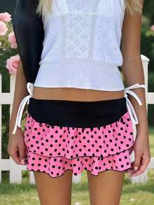 Layered Ruffle Mini Skirt For Women Summer Dots/Stripe/Heart Print/Solid Color High Waist Short Skirts - 西瓜粉 - 查看 4