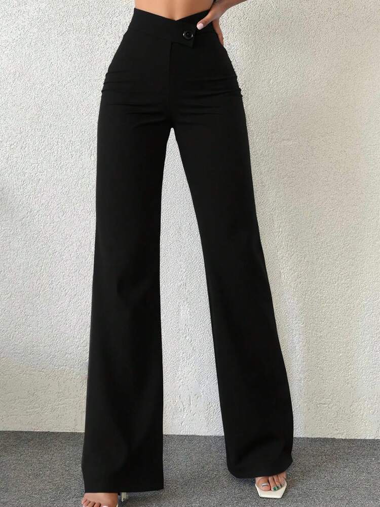 Women's Casual Elegant Straight-Leg Pants, Essential Back-To-School Item, Asymmetric V-Waistline Accentuates Curves, Suitable For Daily Wear, Office, Dates, Vacation And More - Black - View 6