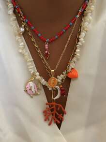 4 件波西米亚海洋鱼、海马、珊瑚、心、月亮不对称贝壳石吊坠项链套装，多层项链适合女性日常佩戴、夏季海滩、派对 - 彩色 - 查看 1