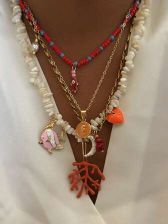 4 件波西米亚海洋鱼、海马、珊瑚、心、月亮不对称贝壳石吊坠项链套装，多层项链适合女性日常佩戴、夏季海滩、派对