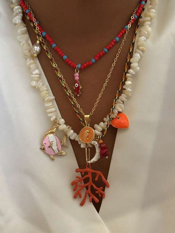 Set van 4 Boheemse asymmetrische schelpstenen hangers met zeevissen, zeepaardjes, koraal, hart en maan, meerlaagse ketting geschikt voor dagelijks gebruik door vrouwen, zomerstrand en feestjes.