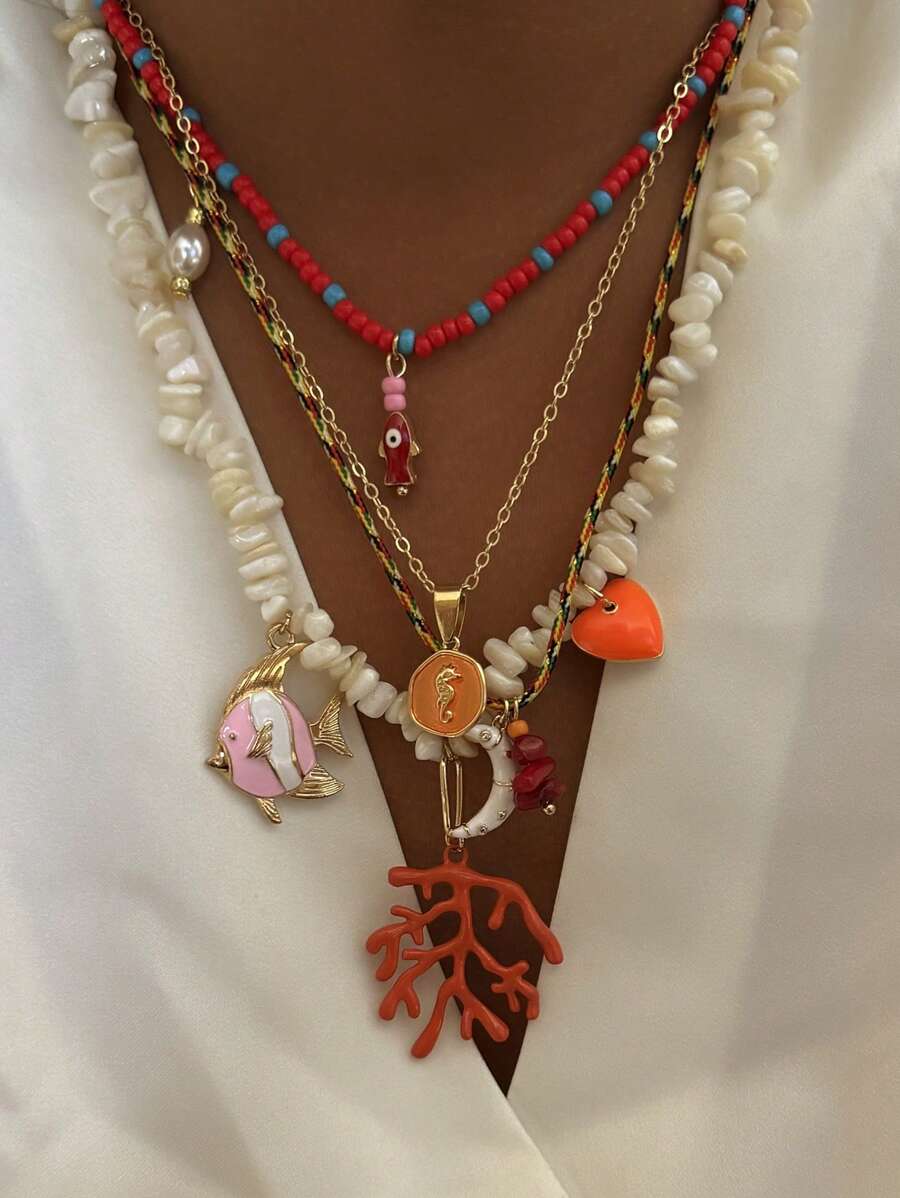 4 件波西米亚海洋鱼、海马、珊瑚、心、月亮不对称贝壳石吊坠项链套装，多层项链适合女性日常佩戴、夏季海滩、派对 - 彩色 - 查看 1