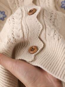 秋季女装，Cottagecore 刺绣粗针织粗线针织开衫，蕾丝花边领口，木质纽扣，宽松版型 Grandma-Core 毛衣开衫，2025 秋季女款乡村针织开衫 - 彩色 - 查看 8