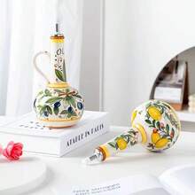 Olive Oil Bottle, Underglaze Relief Ceramic Oil & Vinegar Cruet, Kitchen Accessories Storage Dispenser Container, Seasoning Oil Bottle - Multicolor - View 3