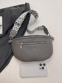 女士纯色PU皮腰包复古时尚胸包腋下包春夏新款休闲单肩斜挎小包百搭简约胸包 - 灰色 - 查看 6