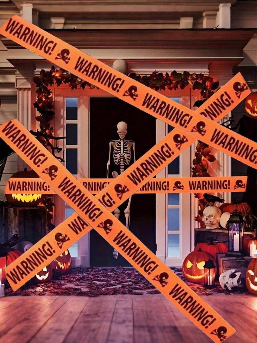 32.8ft-Halloween Isolation Warning Tape, 5m*8.5cm Orange Danger Warning Indication Marking Line, Courtyard Outdoor Layout Prop Line, Danger No Entry, No Admittance Warning, Skull And Crossbones Design, Warning Tape Banner, Used For Festival Prank Decorations, Thriller Horror Party Decorations, Halloween Decorative Warning Tape - Orange - View 1