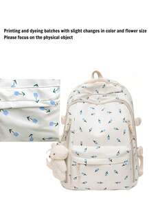 Mochila de mujer con estampado de rosa de moda, con múltiples compartimentos y bolsillos, mochila gruesa de estudiante, mochila impermeable, con accesorio colgante de oso de peluche, gran capacidad - Multicolor - Ver 7