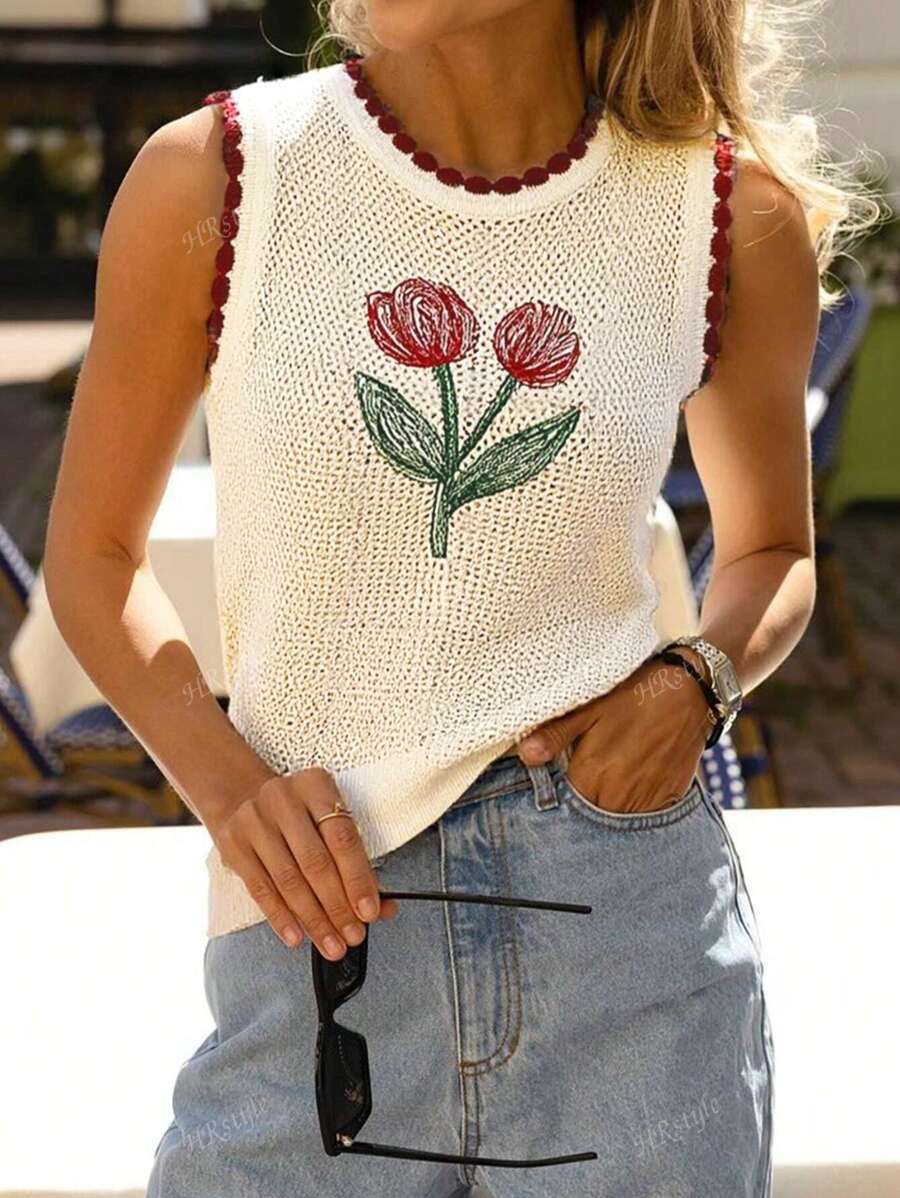 Women Floral Printed Elegant Knit Top, Simple Embroidered Hollow, Daily Wear, Travel, Date Night, All Seasons