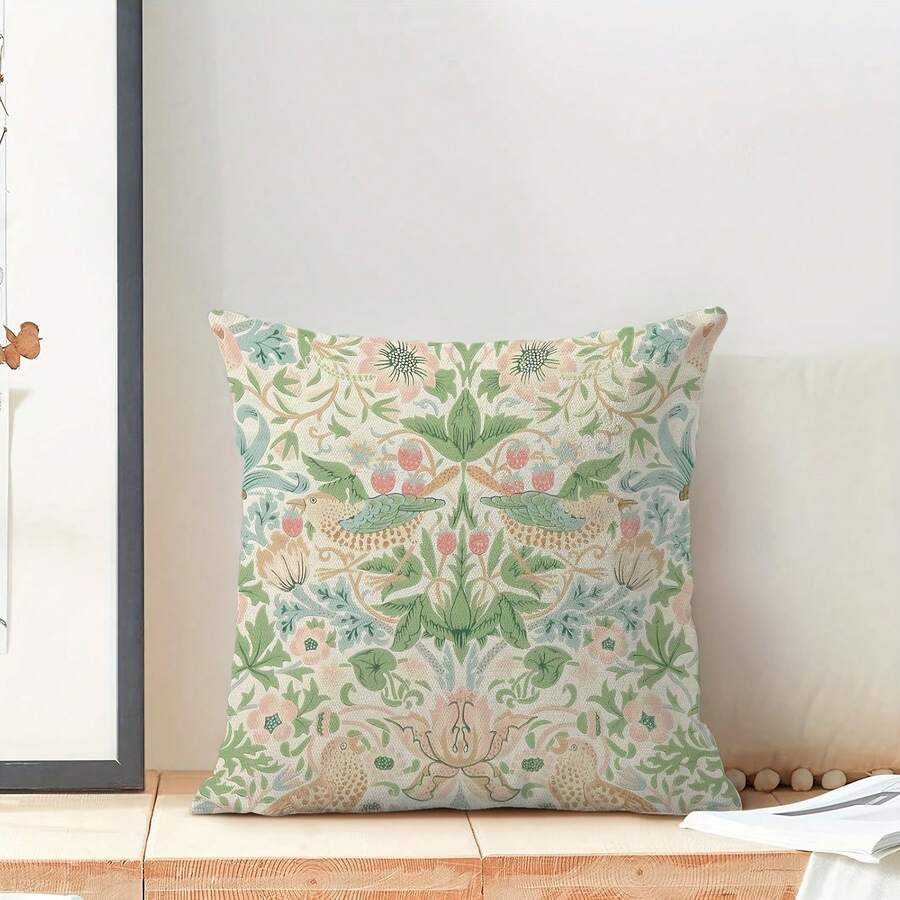 1pc 18x18 Inch Spring Chinoiserie Pillow Covers - Vintage Green Floral & Bird Design, Farmhouse Style Strawberry Accents, Polyester Fabric, Machine Washable, For Couch Or Sofa Decor, (No Insert), Decorative Pillows - phong cách1 - Xem 1