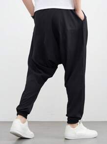 1pc Men's Black Loose Harem Pants, Suitable For Summer Beach, Elastic Waist With Drawstring, Casual Low Crotch, Yoga Pants - Black - View 2