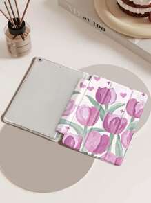 Light Purple Oil Painting Tulip Print IPad Case Compatible With IPad (A16) 11th Generation 11 Inch 2025, Apple IPad Air 11(2025), For IPad 10th Generation Case 10.9 Inch 2022 With Pencil Holder, Trifold Stand Protective Cover, Auto Wake/Sleep, Cute Gift For Back-To-School, Valentine's Day, Holidays