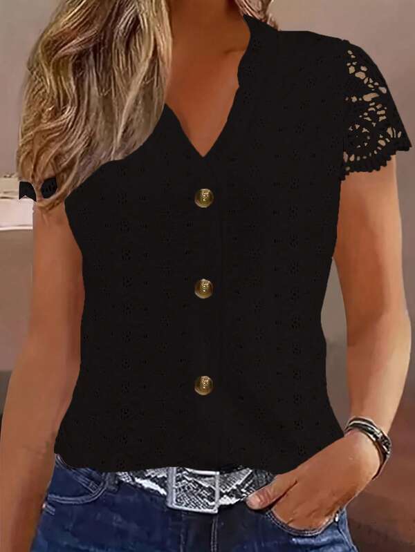 V-Neck Lace Patchwork Hollow Out Embroidery Front Button Spring/Summer Short Sleeve Top