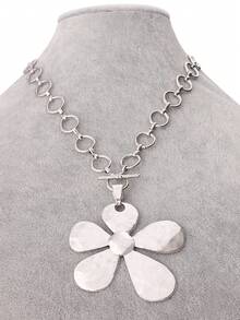 SUPBORA 1pc Silver Color Large Hammered Flower Pendant Chunky Chain Statement Necklace Suitable For Women's Daily Wear 18"+2" Extend Chain - Silver - View 5