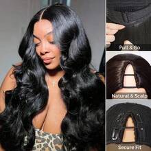 V Part Body Wave Human Hair Wig Upgrade U Part Human Hair Wigs No Sew In No Glue For Women 200 Density V Shape Thin Part Glueless Wig Clip In Half Wig Beginner Friendly Natural Black 40 Inch - Natural Black - 查看 3