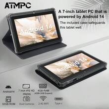 Tablet Android 14 de 7 polegadas ATMPC, equipado com 2GB de RAM DDR, 32GB de ROM, 3500mAh, processador Quad Core, tela IPS 1024X600, câmera frontal de 30 pixels e traseira de 200 pixels, Wi-Fi 802.11 b/g/n 2.4g, PC, equipado com quatro capas de couro anti-queda coloridas