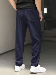 Men's Solid Color Slim Fit Casual Pants, Suitable For Spring, Autumn And Summer Daily Wear, Drawstring Waist, Lightweight Fabric, Patchwork Personality Cargo Pants - Navy Blue - View 2