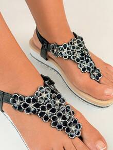 Thick-Soled Clogs Beach Sandals, Sparkly Flower Bohemian Goddess Style Roma Sandals, Summer - Black - View 2
