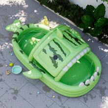 1 个充气鲨鱼主题大型游泳池 - 适合夏季降温，非常适合户外家庭水上派对，采用 PVC 材料制成