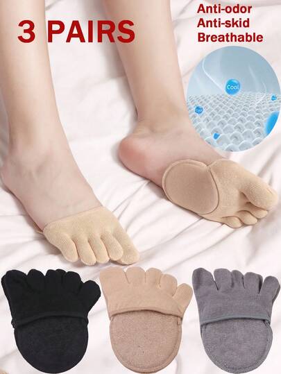 1 Pair/3 Pairs Women Solid Color Sponge Pad Anti-Slip Anti-Friction Invisible Five Toe Foot Pads, Suitable For Daily Use, Fall Socks