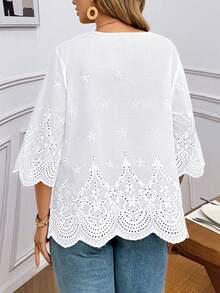 Blus Lengan 3/4 Leher V Berenda Modis, Koleksi Terbaru Musim Semi/Panas Warna Putih - Putih - View 3