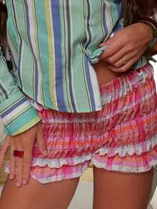 Women's Summer Bloomers Shorts Plaid Print Low Waist Tiered Frill Bodycon Short Pants - Red - View 5