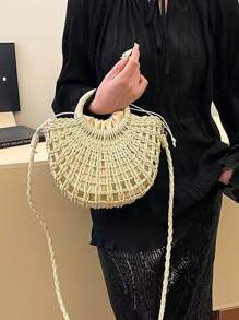 1 pieza Bolso bandolera semicircular tejido con cordón para mujeres, bolso de tote de moda para vacaciones adecuado para viajes y compras diarias, bolso de playa llamativo para el verano, bolso de playa de paja de verano para mujeres