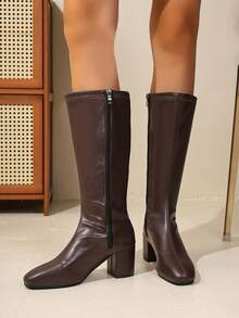 秋冬女式方头粗跟侧拉链及膝靴，时尚百搭简约通勤英伦风梅洛棕色高筒马靴 - 棕色 - 查看 5