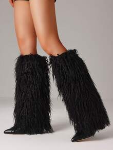 Y2K Style EdgyElongate Women's Winter Furry Snow Boots Women's Knee High Boots Faux Fur Shoes Pointy Toe Chunky Heel Cowboy Fashion Warm Fluffy Shoes - 黑色 - 查看 9