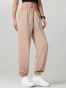 Women'S Outdoor Casual Running Pants - Elastic Waistband Pockets Sports Trousers, Lightweight All-Season Pants, Women'S Athletic Long Pants, Suitable For Gym, Machine Washable, Solid Color Design, Comfortable Fit, Y-Shape Style, Stretchy Waist, Ideal For Outdoor Hiking & Sports Enthusiasts Tights Spring - Brown - View 2