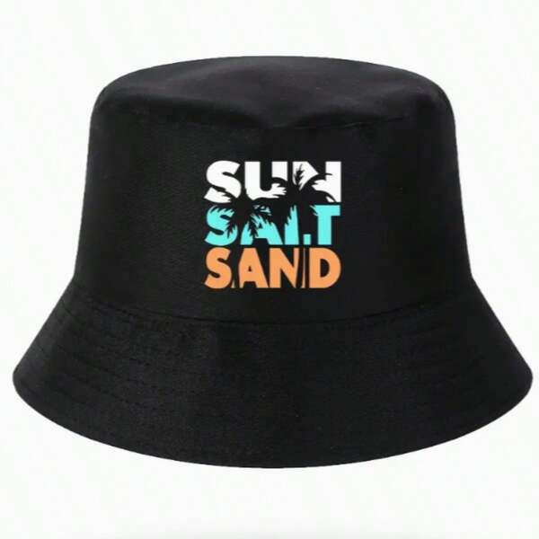 1 pieza Sombrero de cubo de playa, estampado de moda con sol, sal y arena, sombrero de sol unisex para primavera/verano, adecuado para actividades al aire libre como senderismo, pesca y viajes a la playa