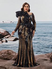 BluePlum 奢华长袖亮片刺绣美人鱼晚礼服，正式优雅加大码荷叶边阿拉伯串珠连衣裙，花卉图案时尚鸡尾酒会舞会礼服，女士及地精致迷人金色婚纱春季礼服 - 金色 - 查看 3