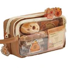Capibara-Themed Pen Bag. It Has A Large Capacity And Is Transparent With A Handle. In The Maillard Color Scheme, It's A Multifunctional Stationery Box Suitable For Primary And Junior High School Students.,For School Supplies,Back To School