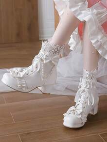 Platform Sweet Bow  Ankle Boots For Women Lace Goth Chunky Mid Heel Boots With Pearl Comfort Lace Up Princess Booties - trắng - Xem 10