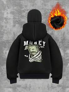 女款秋季开学双连帽骷髅手拿硬币字母图案印花开衫卫衣女士时尚街通用硬币印花双连帽开衫 - 黑色 - 查看 2