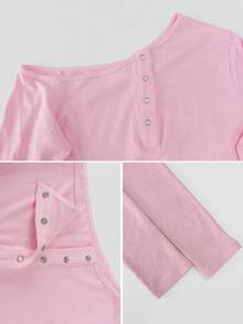 Sodalemon Women Slanted Shoulder Training Yoga Top Clothing 1 PC Long Sleeve Button Fitness Elastic Solid Color Workout Fitness T-Shirt - Pink - View 4