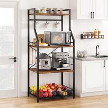 Techigher Kitchen Bakers Rack,Microwave Oven Stand,4-Tier Kitchen Storage Shelf Rack,Industrial Coffee Bar Station With Large Wire Basket,8 Hooks For Spice Pots Organizer - Brown - View 1