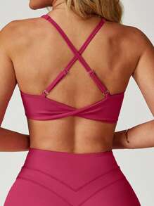 Women's Sports Bra, Deep V-Neck, Criss-Cross Open Back Design, Suitable For Outdoor Sports, Casual Running, Fitness, Pilates And Other Activities - Hot Pink - View 4