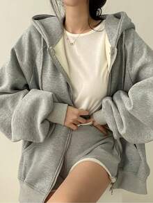 圣诞女士保暖连帽拉链卫衣外套，宽松休闲超大圆领拉链连帽衫，灯笼袖，秋冬款 - 灰色 - 查看 3