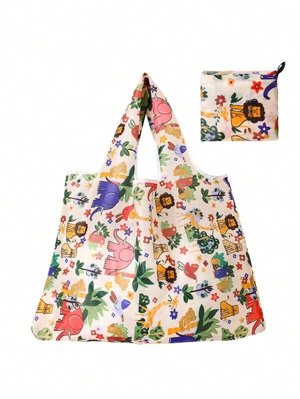 1pc Cartoon Animal & Plant Pattern Women's Shoulder Bag, Supermarket Shopping Tote, Large Foldable Portable Shopping Bag, Big Capacity Handbag, Essential For Shopping