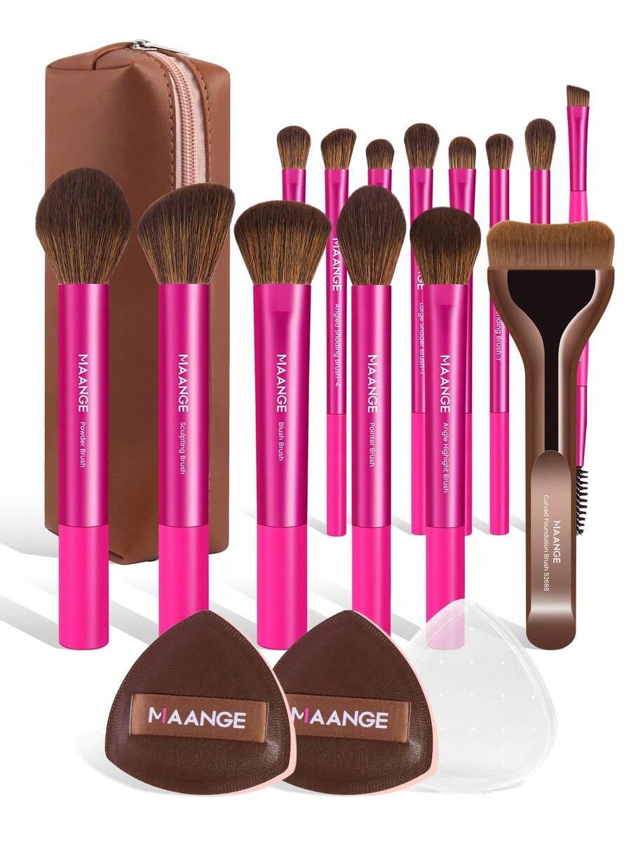 MAANGE 13/17/21件組美妝工具套組，包含14支化妝刷 + 1個化妝包 + 2個粉撲配件，含底妝刷、腮紅刷、散粉刷、眼影刷、遮瑕刷，完整化妝刷套組，旅行必備