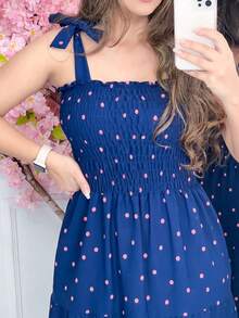 Long Dress With Elastic Straps / Crepe Polka Dot / 94% Polyester, 6% Elastane - 藏蓝色 - 查看 3