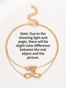 1pc Fashion Minimalist Versatile Heart, Letter & Infinity Symbol Decorated Double-Layer Anklet, Casual New Style Suitable For Women's Daily, Party, Dating, Gift - Yellow Gold - View 3