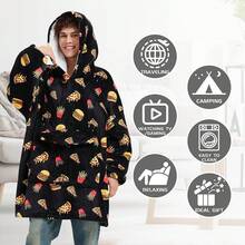 Glow In Dark Game Controller Wearable Blanket Hoodie Adult,Oversized Sherpa Fleece Blanket Hoodie Women Men,Gamer - Black Pizza - View 3