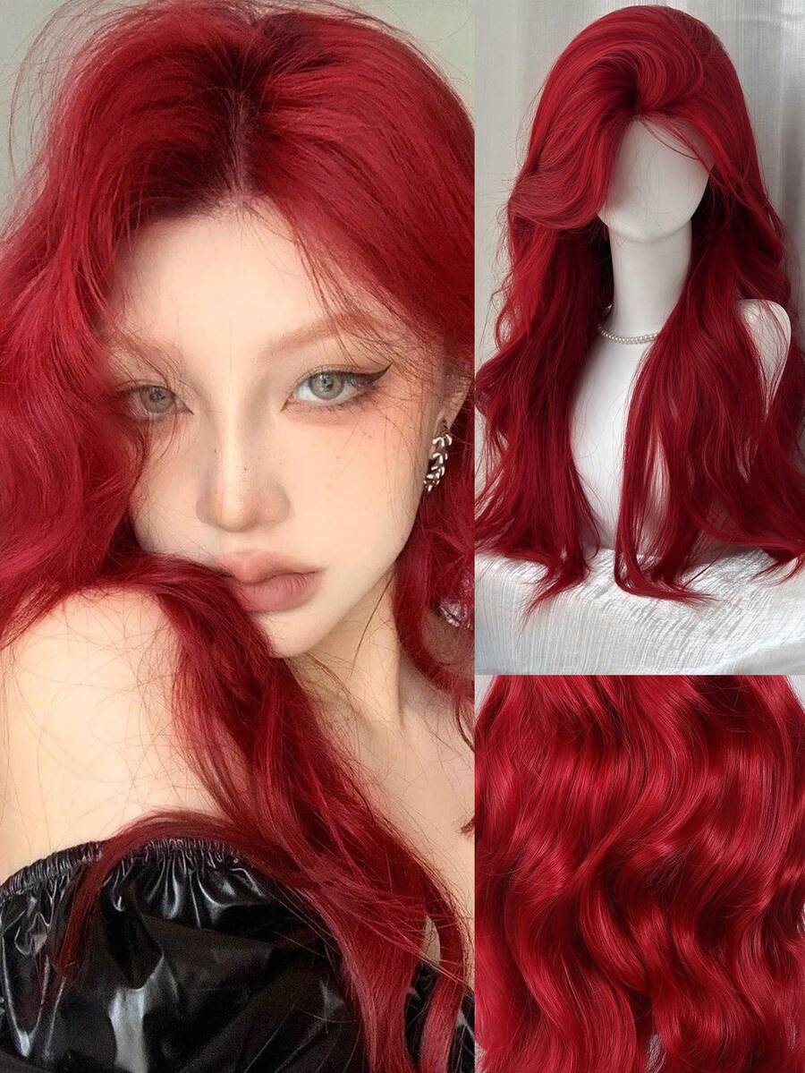 Peluca sintética roja de cabello largo y ondulado, con línea de cabello natural, resistente al calor, fibra suave para uso diario, fiesta o cosplay